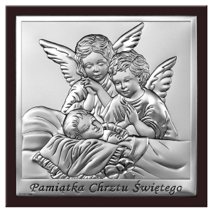 Obrazek Srebrny na ciemnym drewienku na Chrzest Święty Czuwające Aniołki 10 x10 cm