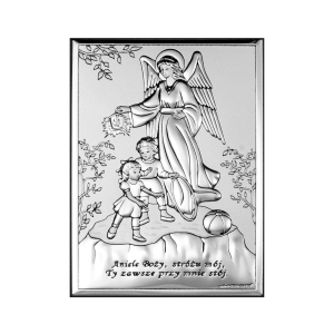 Obrazek Srebrny z Aniołem Stróżem na Chrzest 9x13 cm