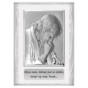 Obrazek Srebrny na białym panelu Modlący się Jezus 9x12 cm