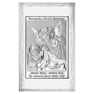 Obrazek Srebrny na białym panelu na Chrzest Święty  9x14 cm
