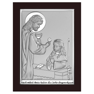 Obrazek srebrny na ciemnym panelu na Komunię dla dziewczynki11x15 cm