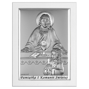 Obrazek Srebrny na białym panelu na Komunię dla dziewczynki 11x15 cm