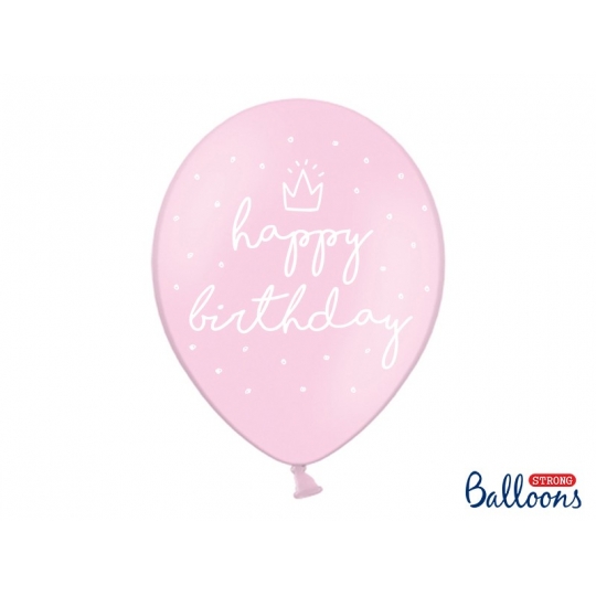 Balony 30cm, happy birthday, P. Baby Pink, 6szt.