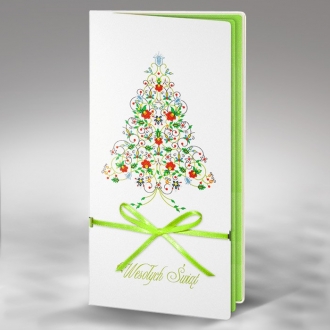 Kartka Świąteczna z Kolorową Choinką oraz Zieloną Wstążką FS326tb