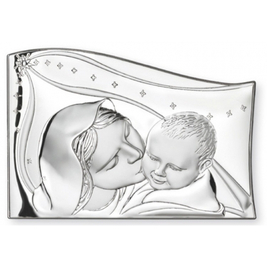 Srebrny Obrazek Matka Boska całująca dzieciątko 7x10cm
