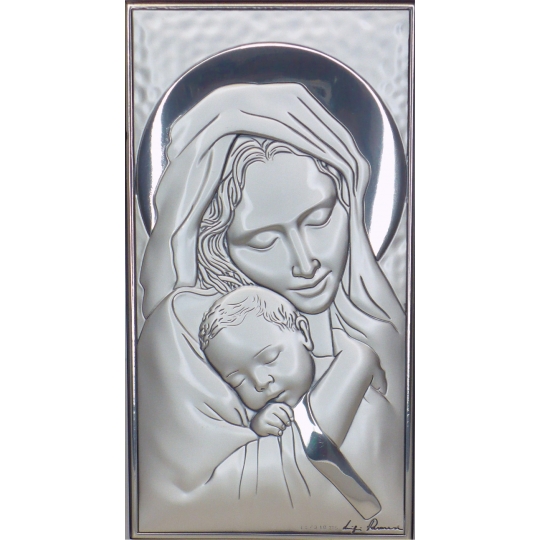 Srebrny Obrazek Maryja tuląca dzieciątko 7x12cm