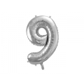 Balon foliowy Cyfra "9", 86cm, srebrny