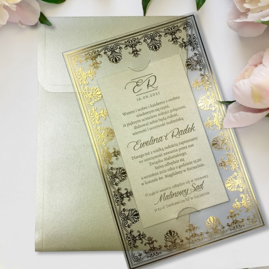 Zaproszenie ślubne ze złoconym ornamentem f3731