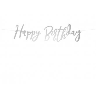 Baner Happy Birthday, srebrny, 16,5x62cm