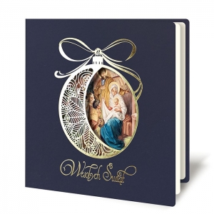 Kartka Świąteczna z logo dla firm. Religijna złocona z wizerunkiem rodziny Świętej