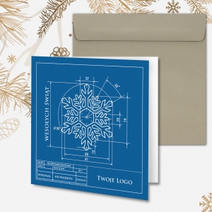Kartka świąteczna z logo oraz rysunkiem technicznym