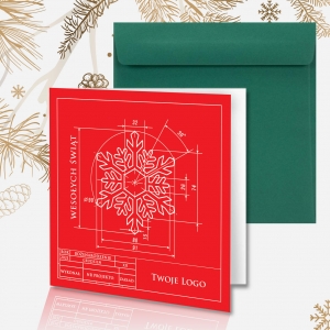 Kartka świąteczna z logo oraz rysunkiem technicznym