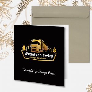 Kartka świąteczna dla firm transportowych z logo oraz wizerunkiem ciężarówki 