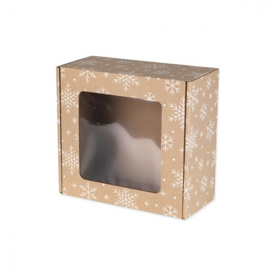 Pudełko świąteczne z okienkiem 200x200x100 mm z białym nadrukiem ŚNIEŻYNKI