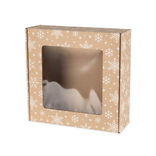 Pudełko świąteczne z okienkiem 300x300x100 mm z białym nadrukiem ŚNIEŻYNKI