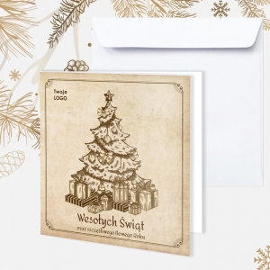 Kartka świąteczna z aplikacją choinki z prezentami