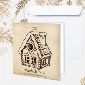 Kartka świąteczna z ilustracją chatki z piernika 
