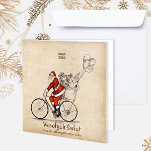 Kartka świąteczna z Mikołajem na rowerze