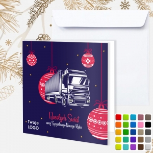Kartka świąteczna dla firm transportowych z logo oraz wizerunkiem ciężarówki 